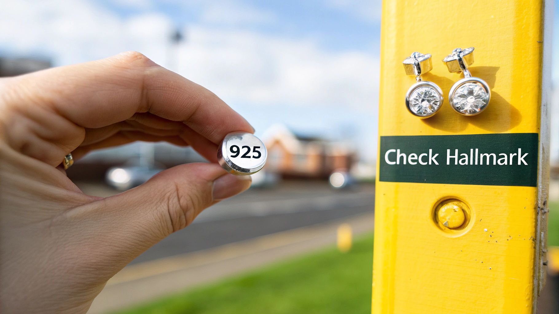 A close-up of a person examining the hallmark on a sterling silver earring