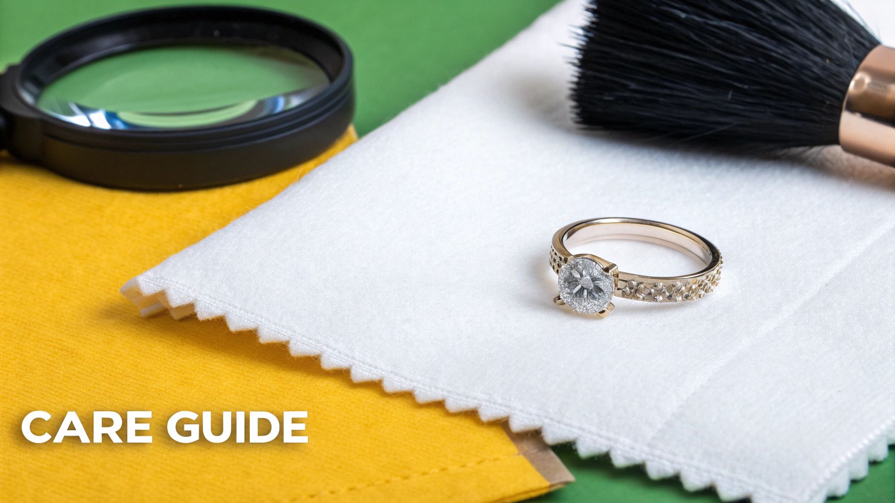 A person's hand wearing a pavé engagement ring, holding a bouquet of white flowers.