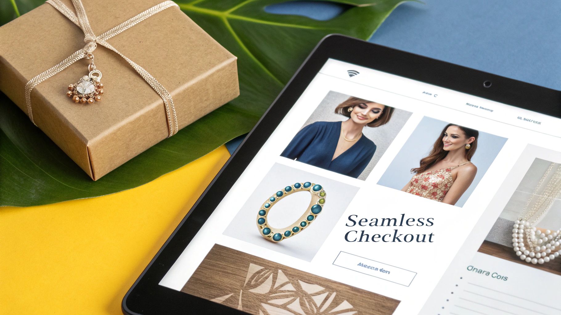 A stylishly dressed woman browsing a jewelry website on her laptop in a bright, modern setting.