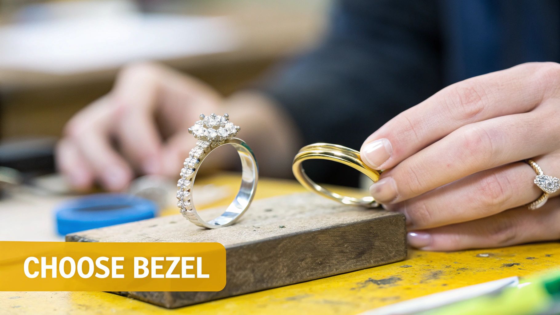 A close-up of a finely crafted bezel-set diamond ring