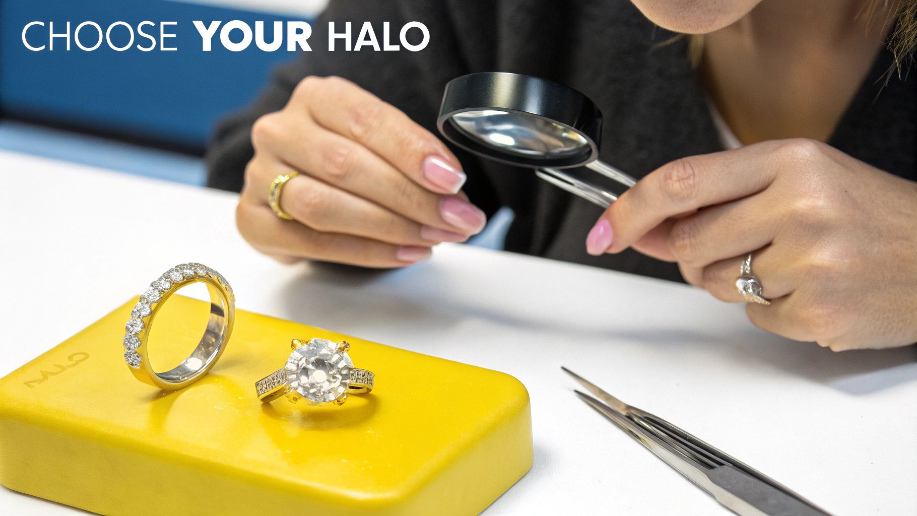 A detailed view of a halo engagement ring, highlighting the center stone and surrounding pavé diamonds