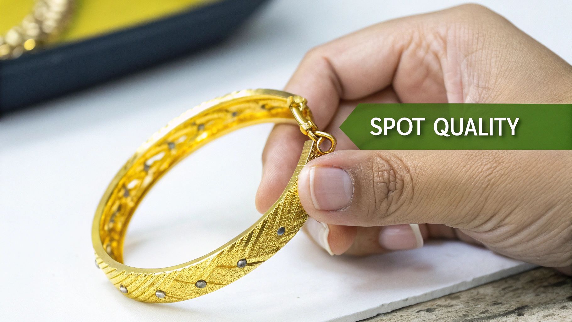 A high-quality 14k gold plated ring being held between two fingers, showing its smooth, even finish.