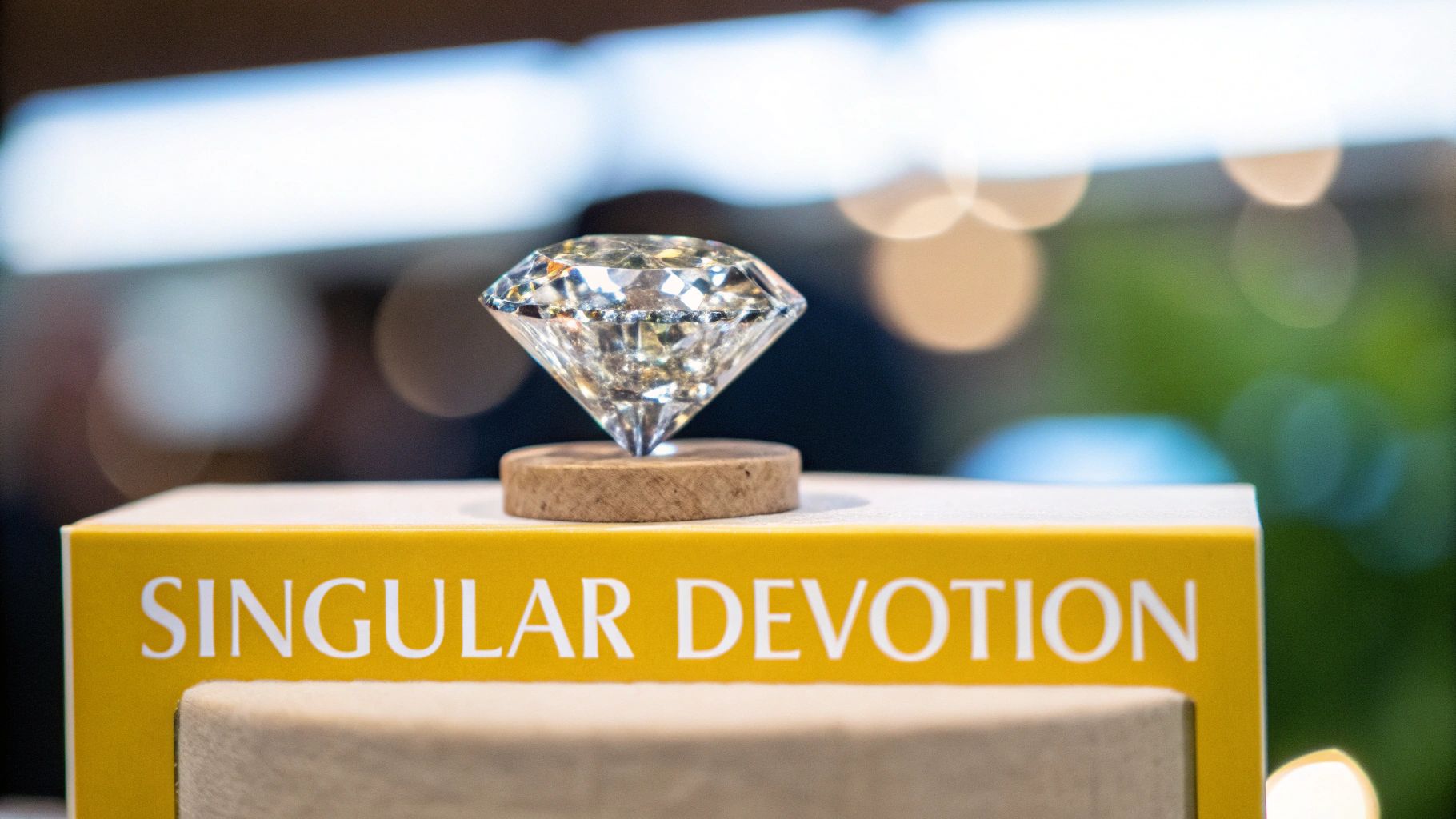 A close-up of a stunning solitaire engagement ring with a round diamond.