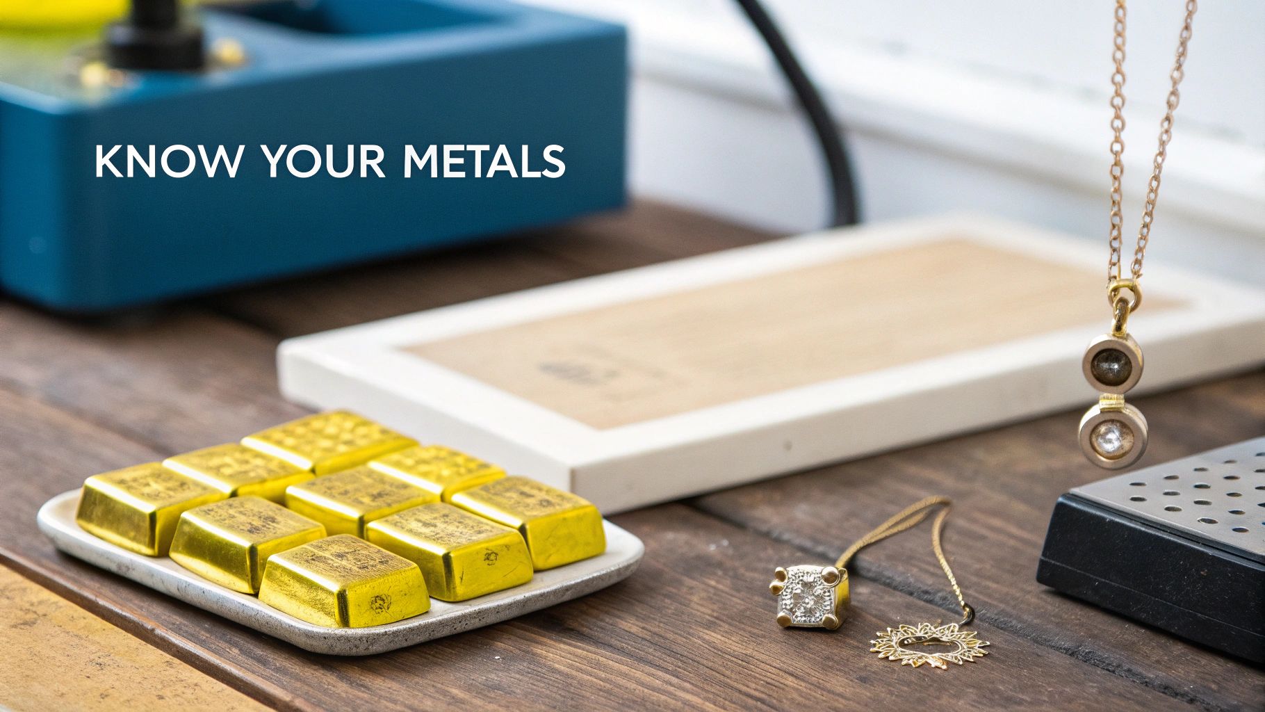 A detailed macro shot of gold and silver jewelry pieces, highlighting their textures and craftsmanship.