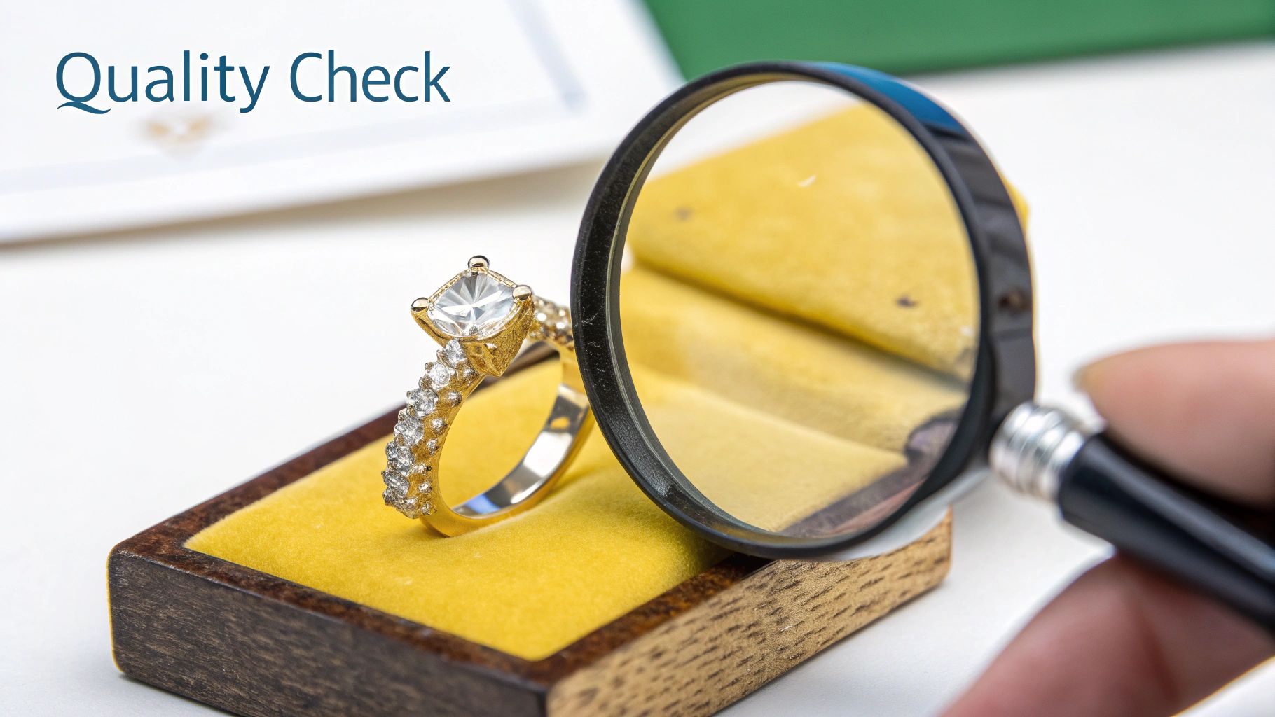A close-up of a person inspecting a gold chain necklace for quality.