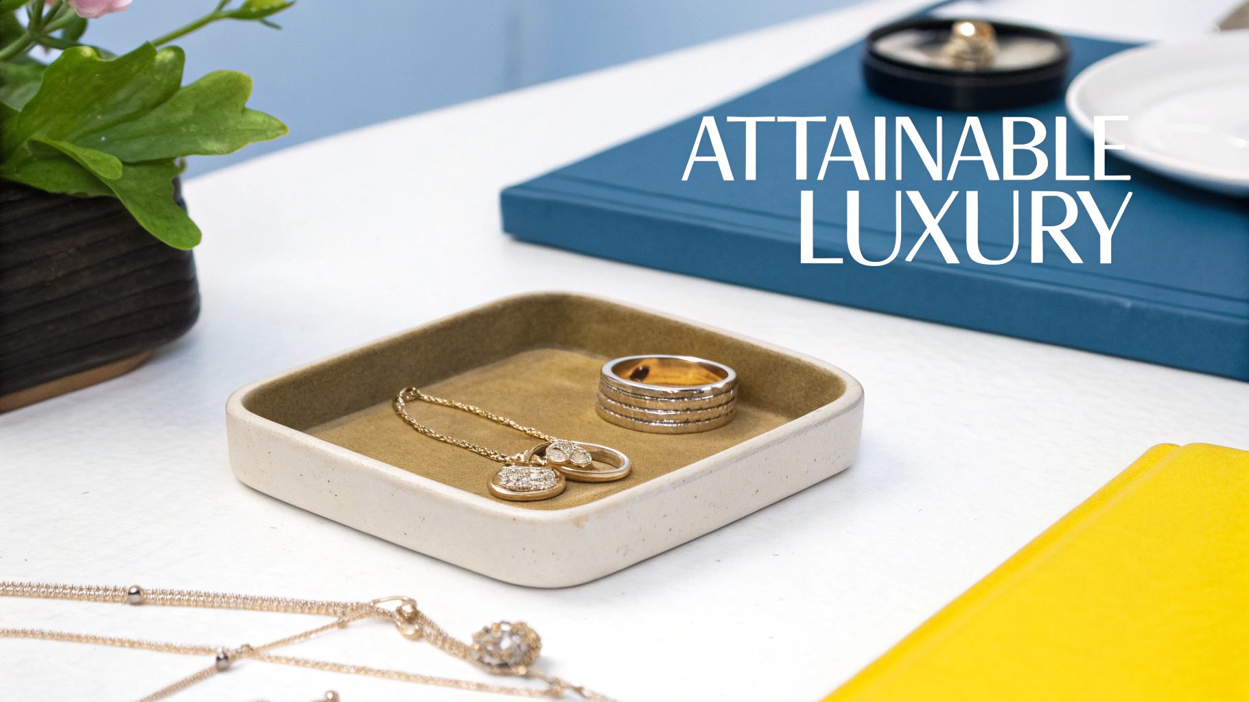 A woman wearing multiple stylish gold rings and a necklace, showcasing affordable luxury.