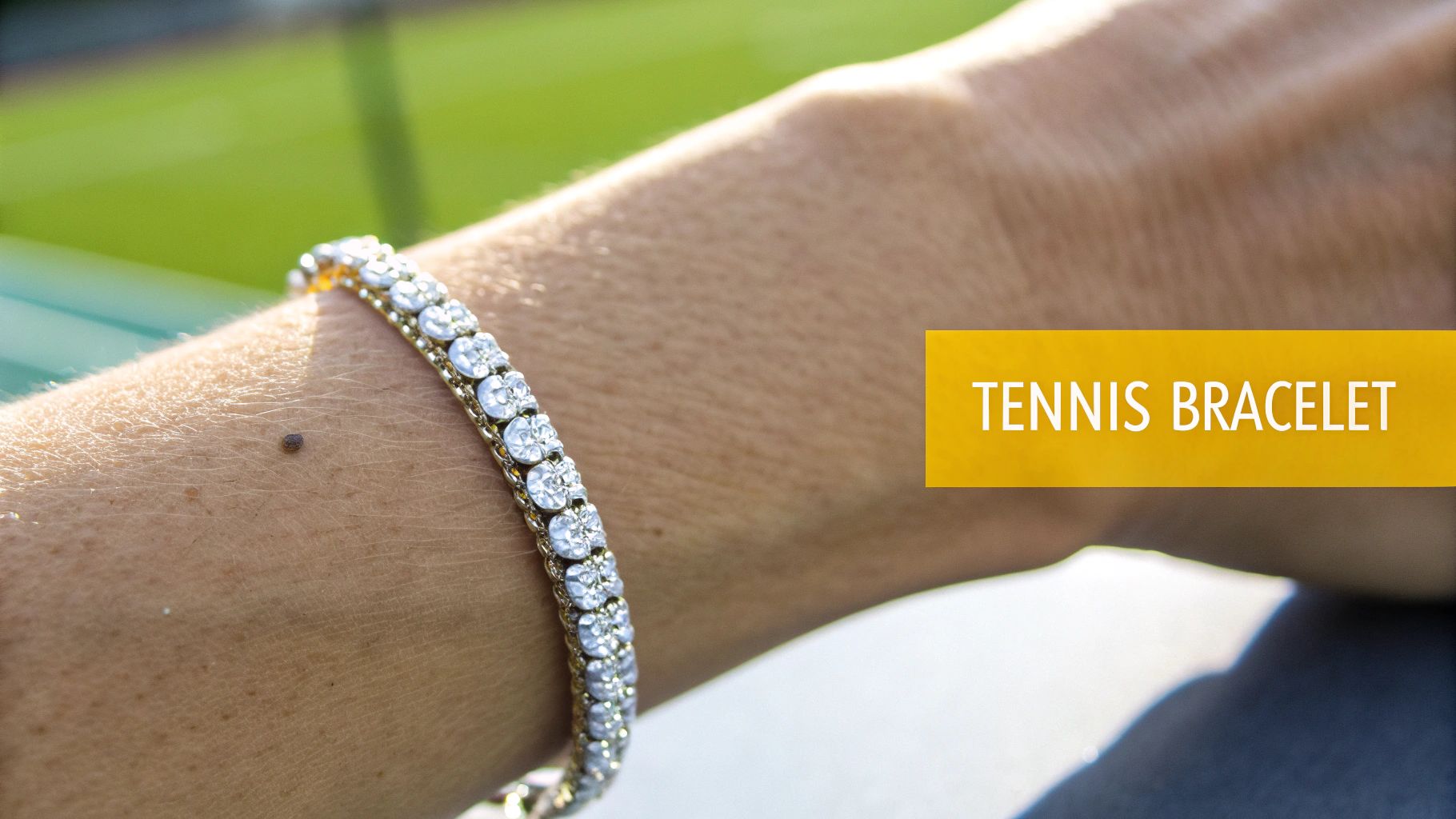 A sparkling diamond tennis bracelet against a neutral background.