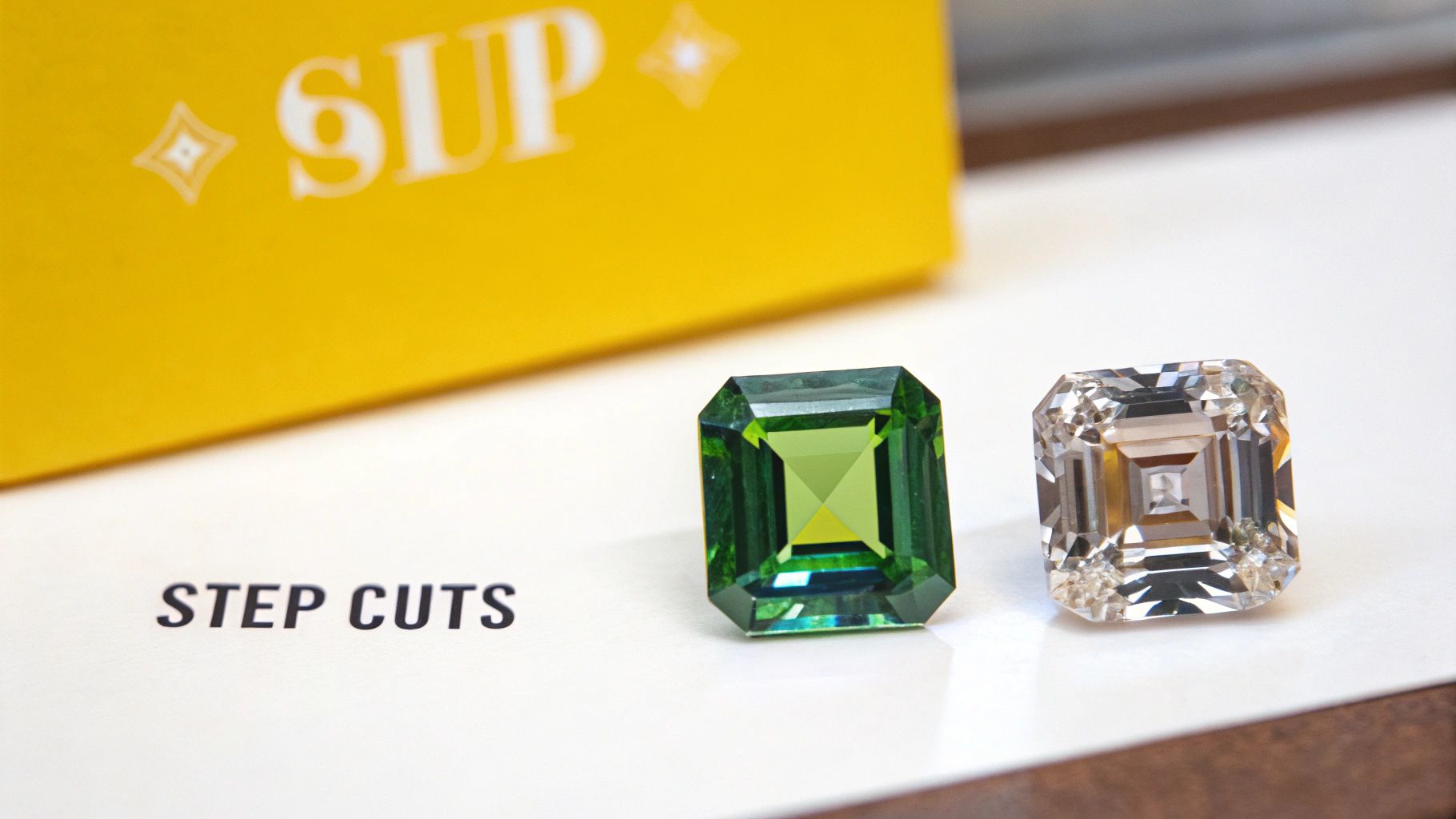 A rectangular Emerald cut diamond in a gold solitaire setting