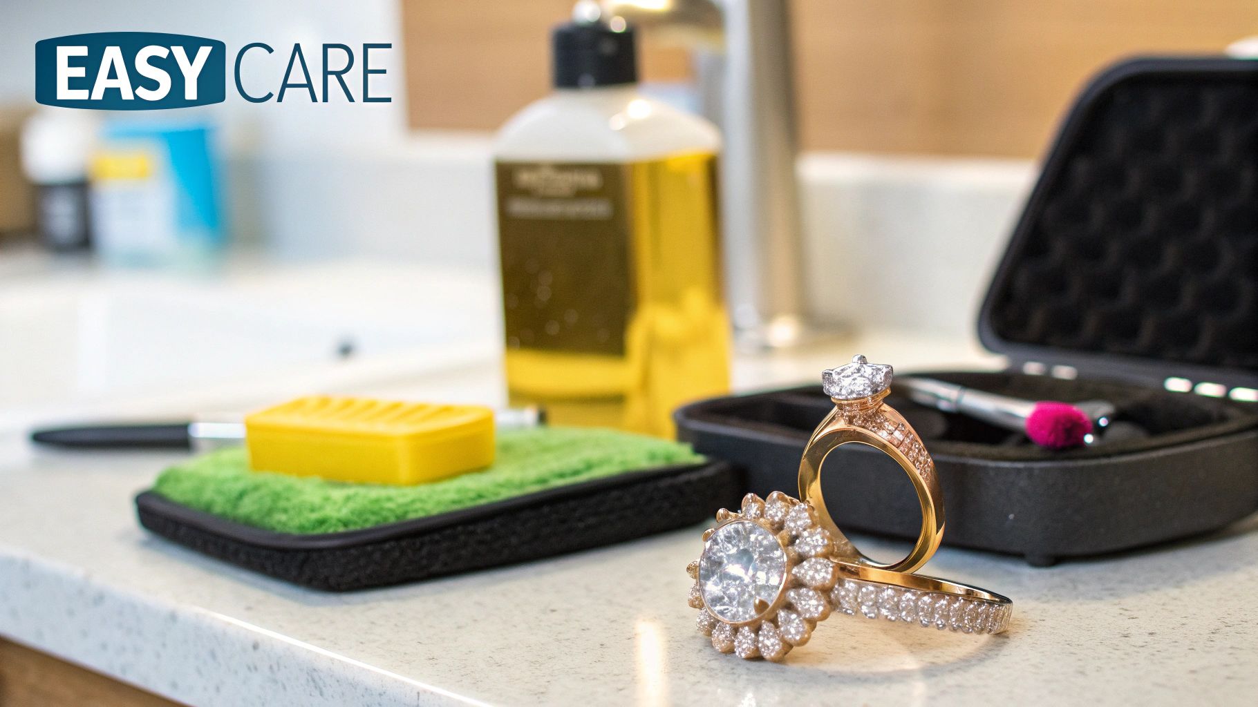 A collection of waterproof tarnish free jewelry pieces being cleaned with a soft cloth.