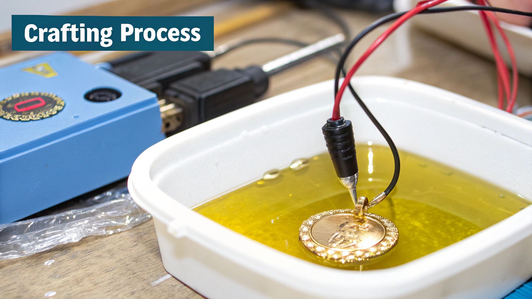 A detailed shot of the electroplating process for crafting vermeil jewelry.