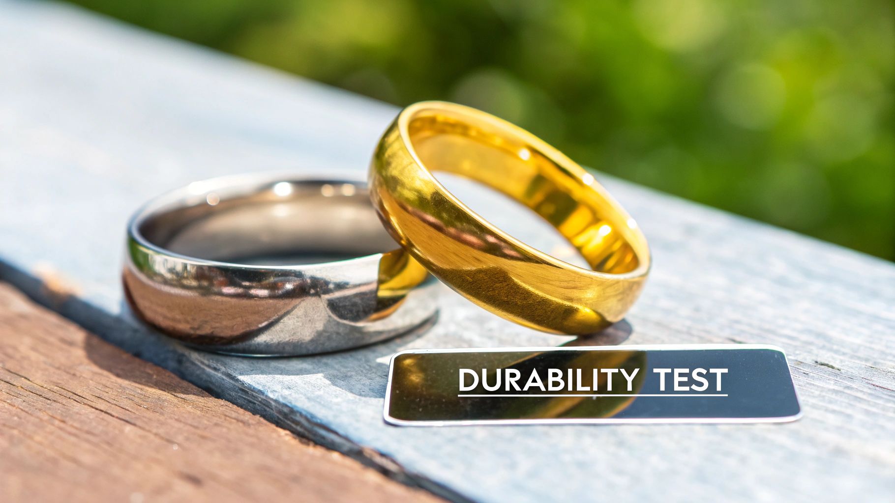 Two hands holding, one wearing a solid gold ring and the other a tarnished gold-plated ring, showing the difference in wear.