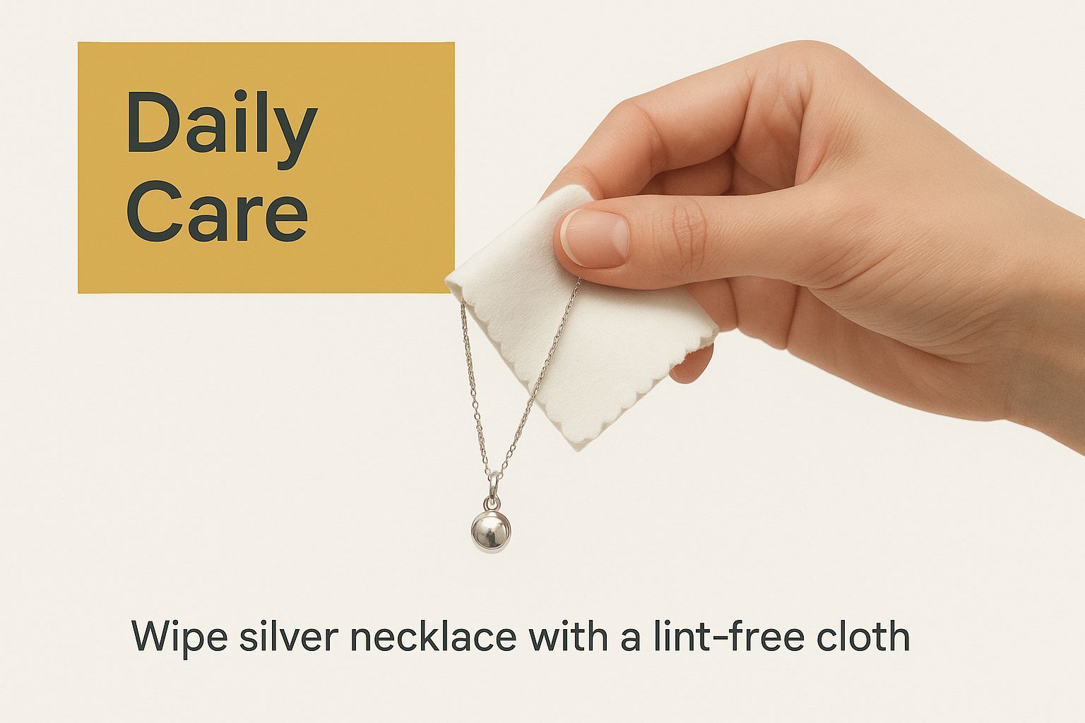 A hand gently wiping a sterling silver necklace with a soft cloth, with the text 'Daily Care' in a solid block.