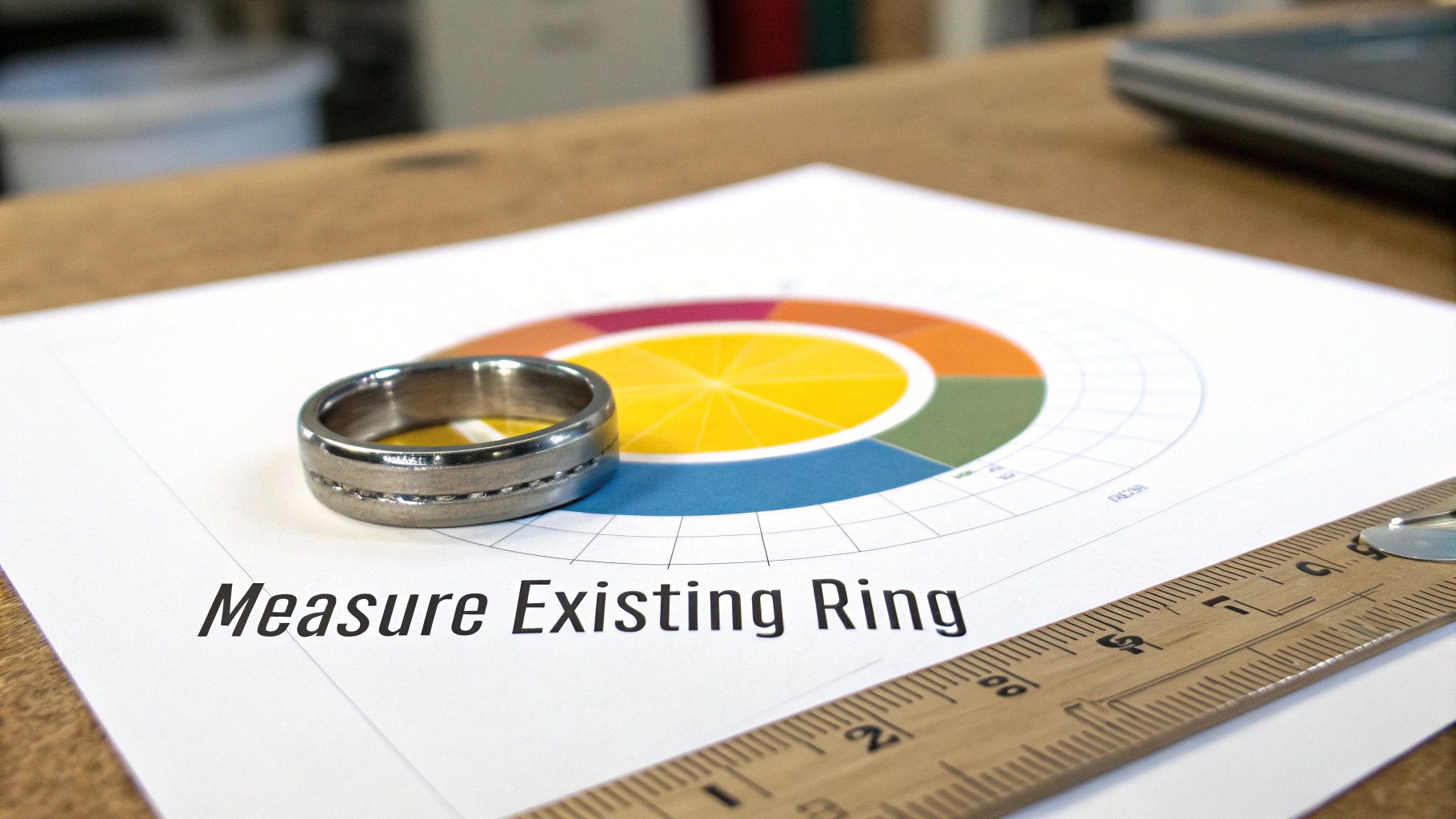 A hand holding a ring over a printable ring sizer chart with circles.
