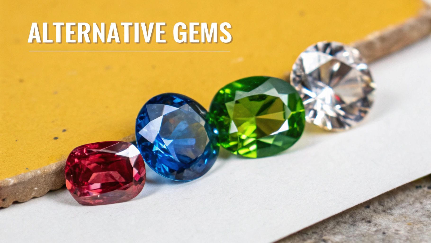 A collection of vibrant alternative gemstone engagement rings, including sapphire, emerald, and ruby, showcasing their unique colors and cuts.