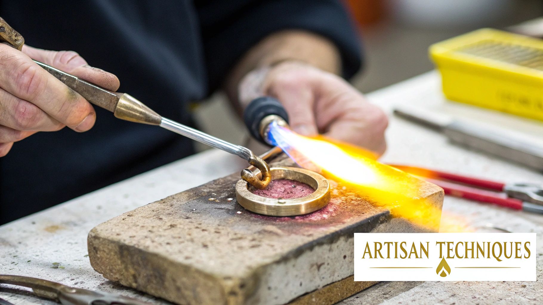 An artisan jeweler carefully crafting a piece of jewelry with specialized tools at their workbench.