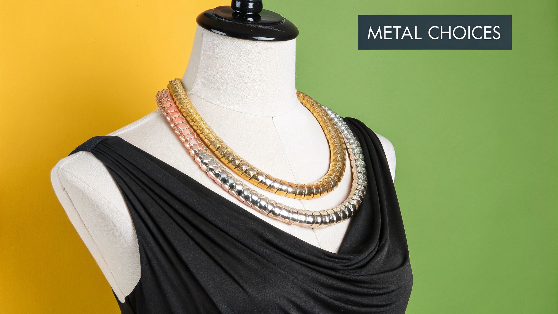 A model showcasing statement jewelry with a sleek black dress