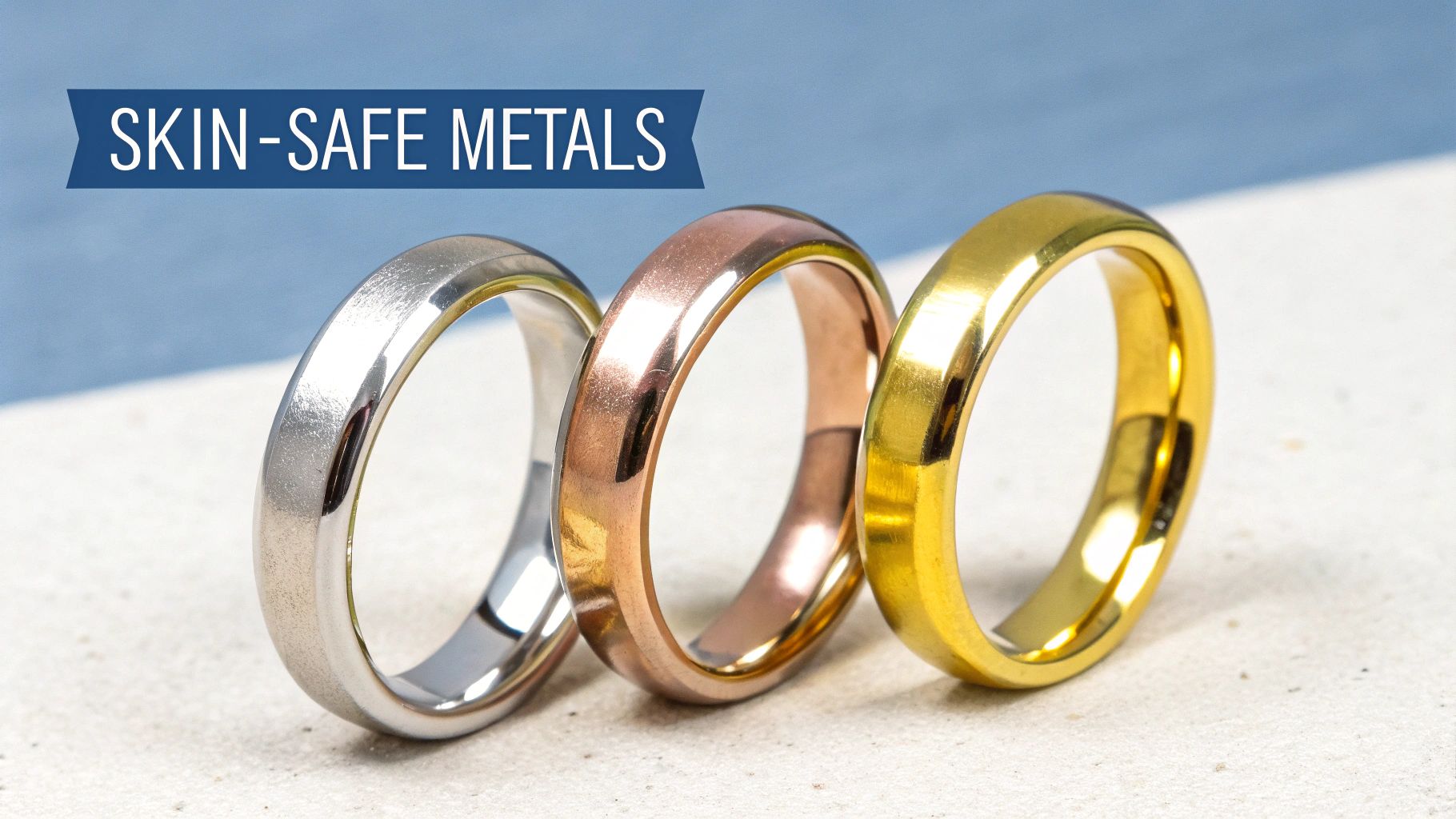 A collection of hypoallergenic jewelry pieces made from titanium, platinum, and gold displayed neatly.