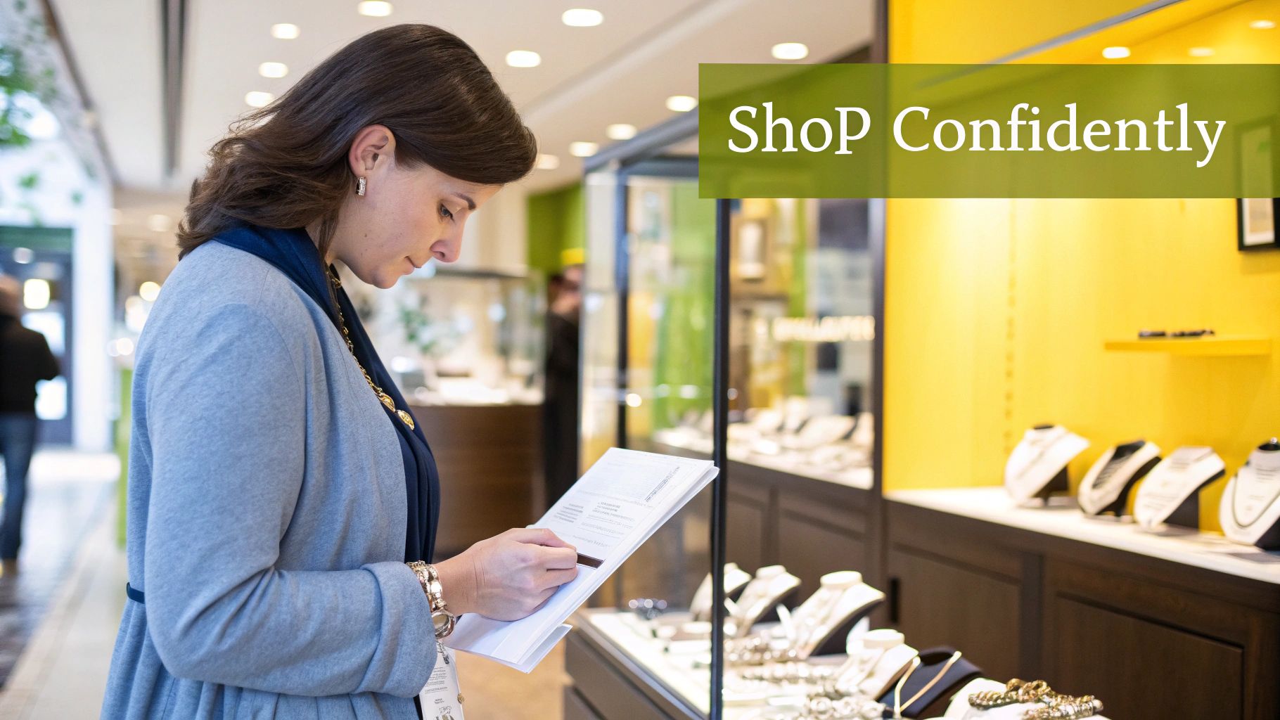A person closely examining a piece of hypoallergenic jewelry at a boutique counter.