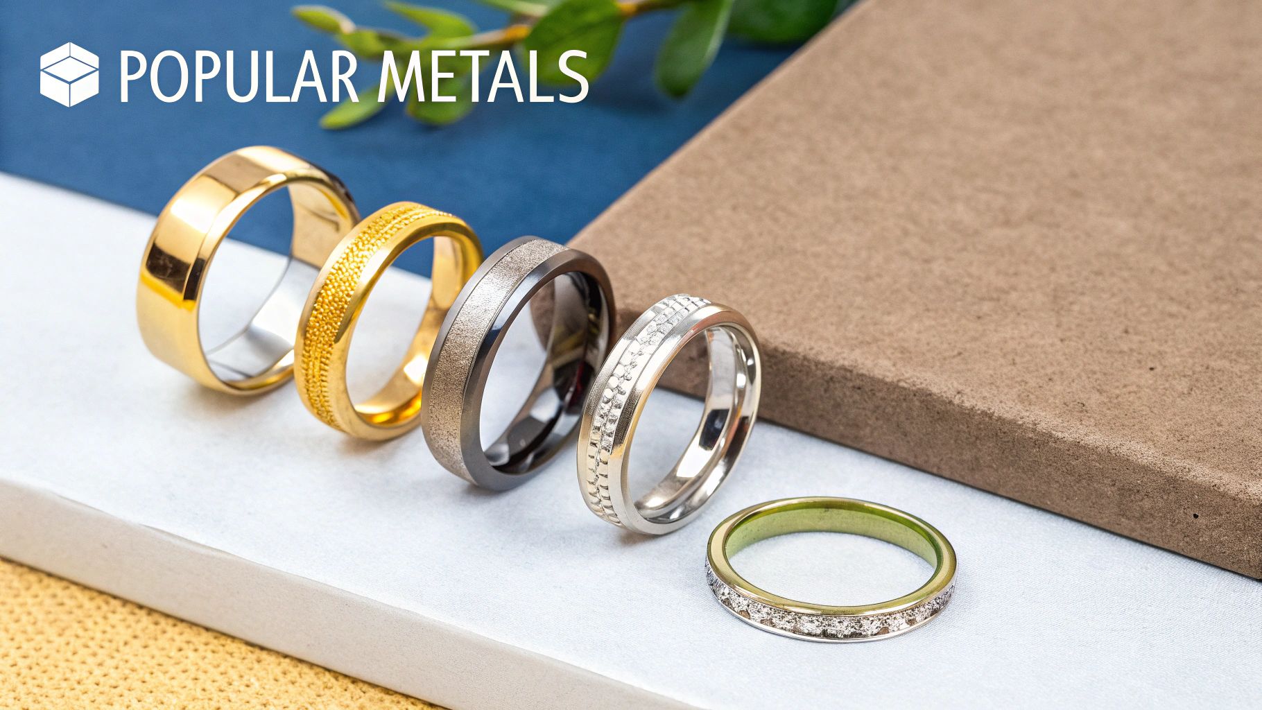 A collection of wedding bands in different metals and finishes