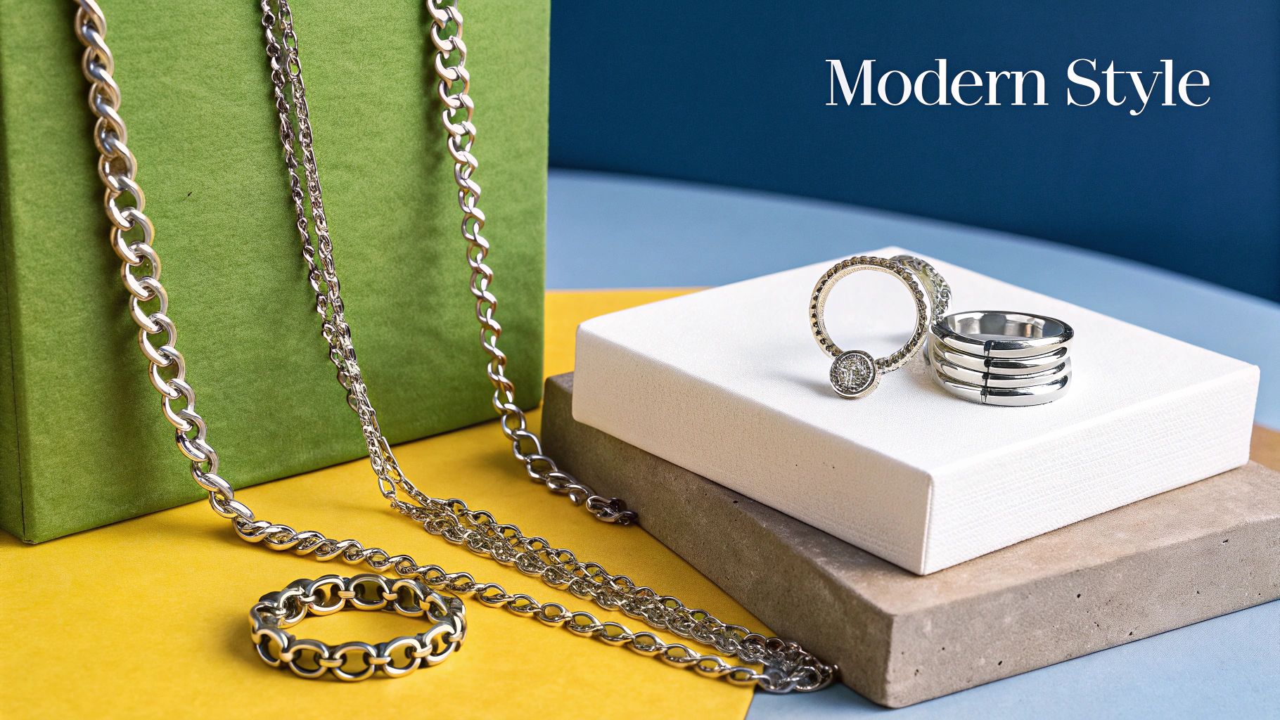 A stylish woman wearing multiple layers of tarnish-free necklaces.