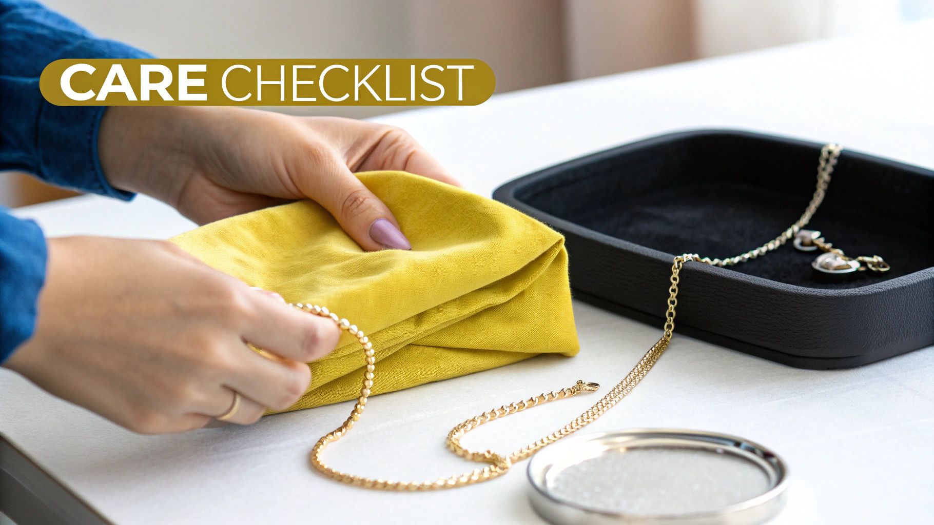 A collection of gold vermeil jewelry being cleaned with a soft cloth.