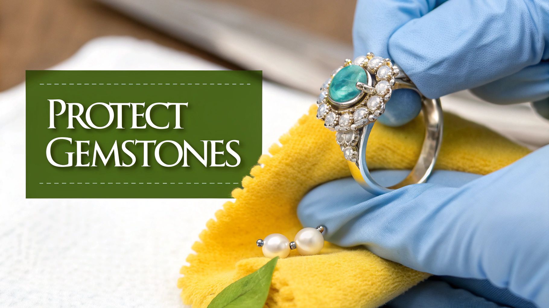 A silver ring with a blue gemstone being gently cleaned