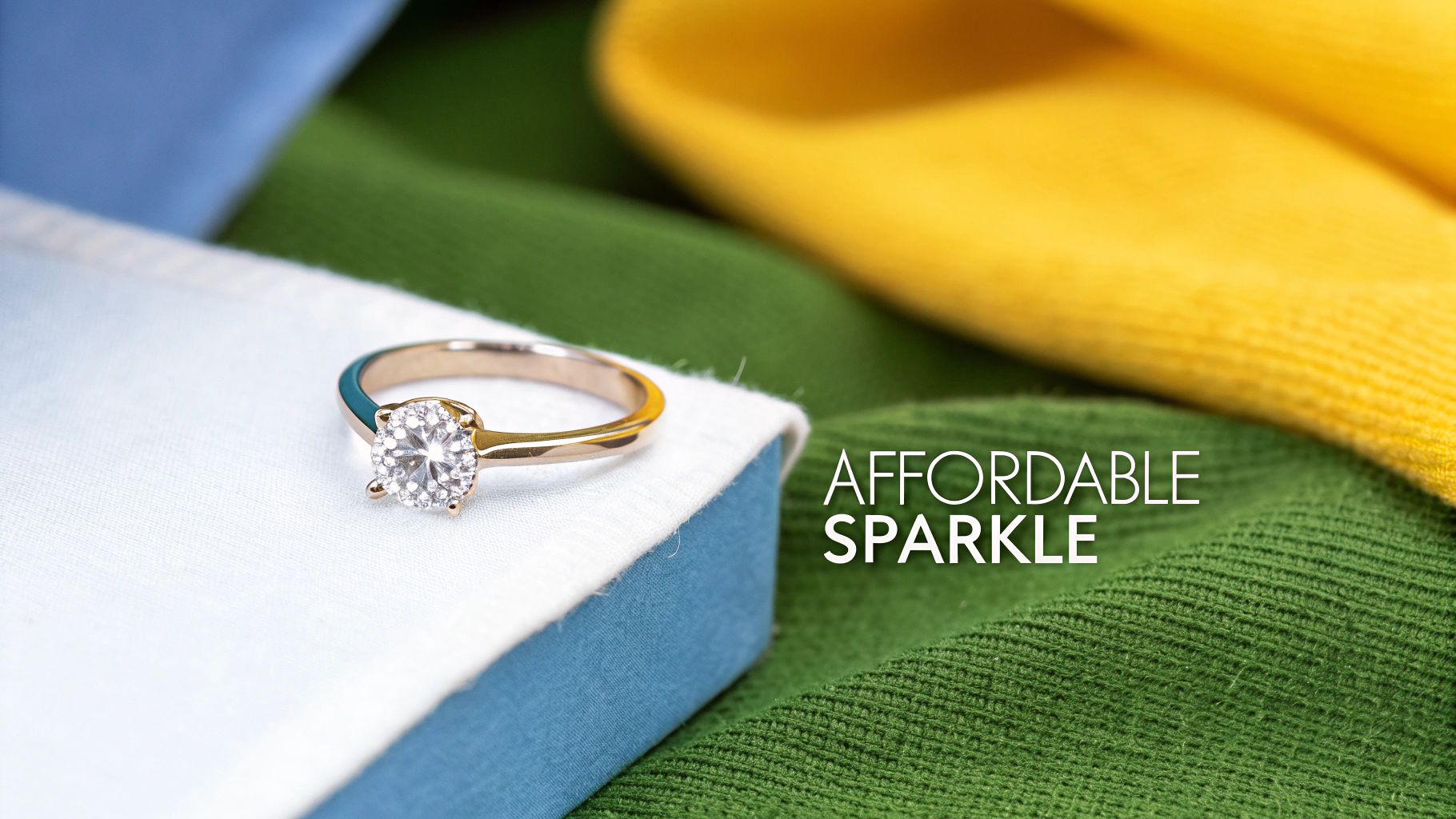 A close-up of a sparkling diamond engagement ring held between two fingers, with a soft, blurred background.