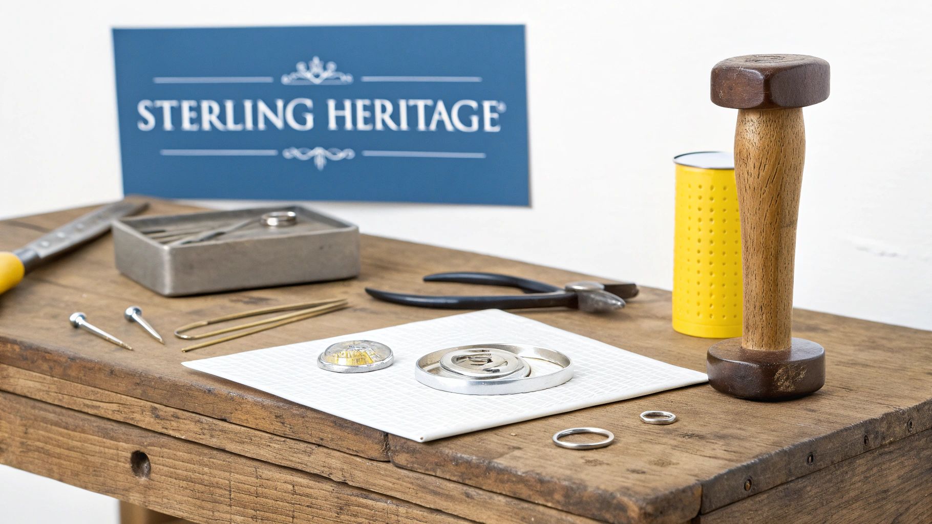 Silversmith tools from a historical era laid out on a wooden workbench.