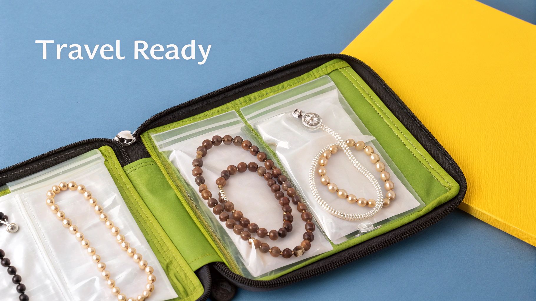 A collection of silver and gold necklaces stored carefully in a lined jewelry box.