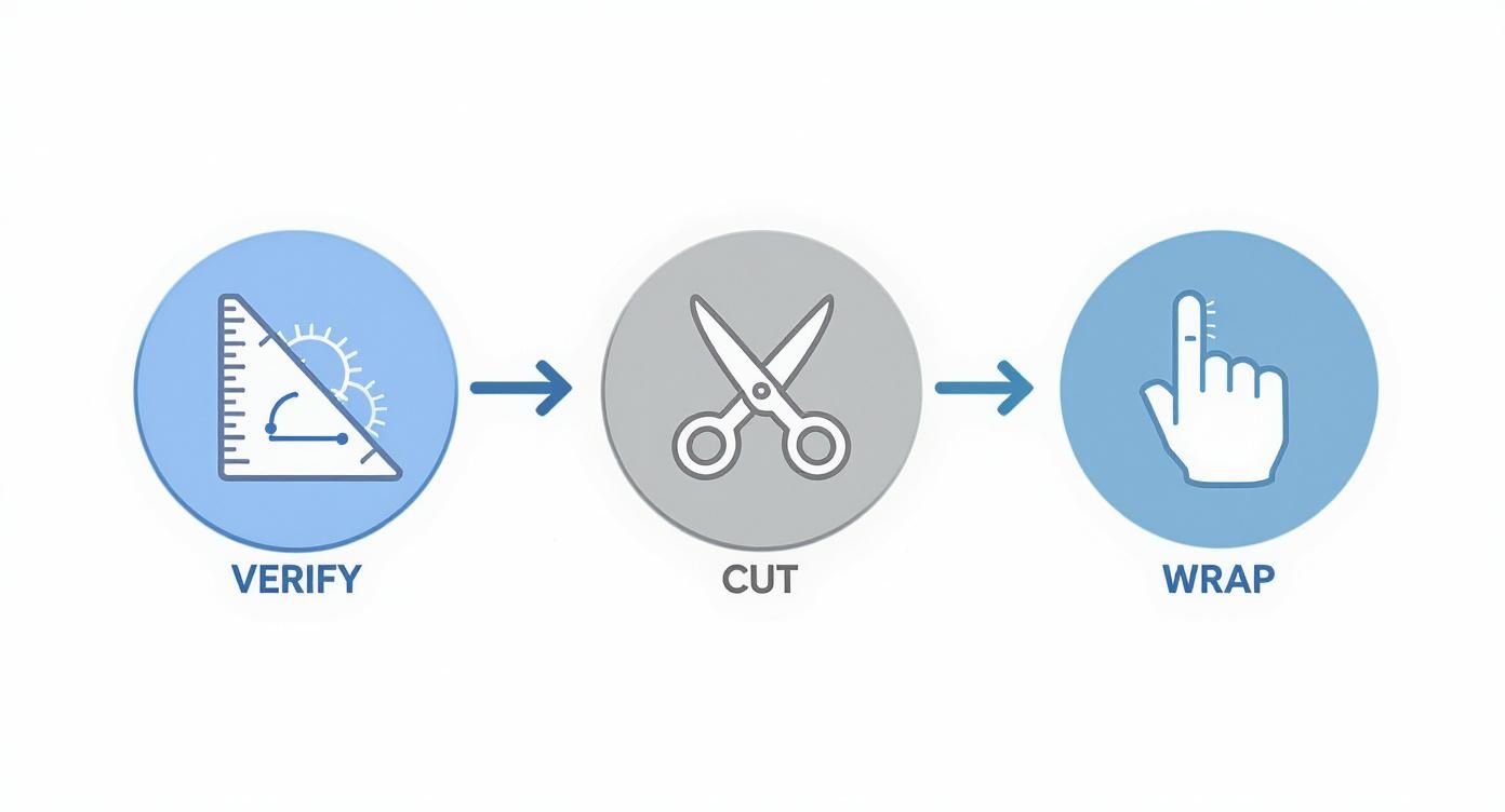 Infographic showing the process of verifying print scale with a ruler, cutting out a sizer, and wrapping it around a finger.