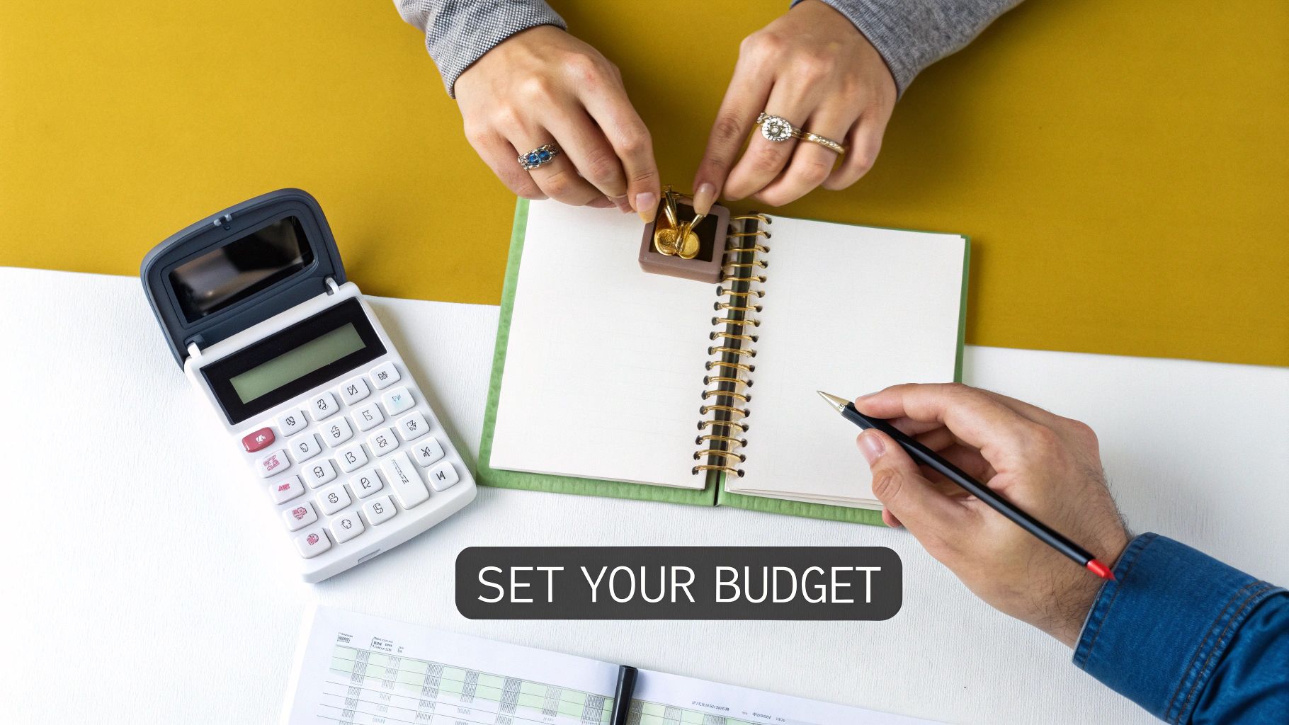 A couple discussing their engagement ring budget happily.