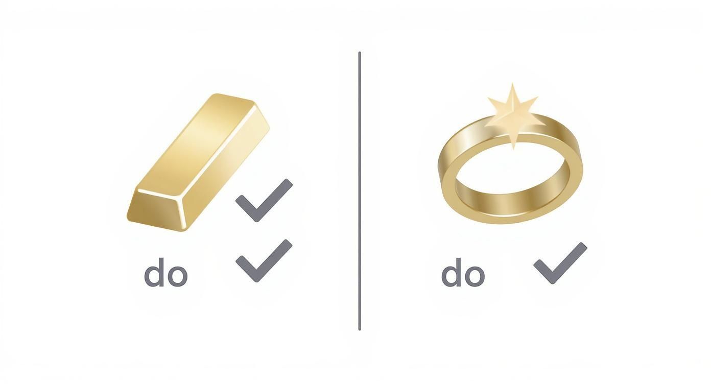 Infographic comparing the care needs of solid gold versus gold-plated jewelry, with do's and don'ts for each.