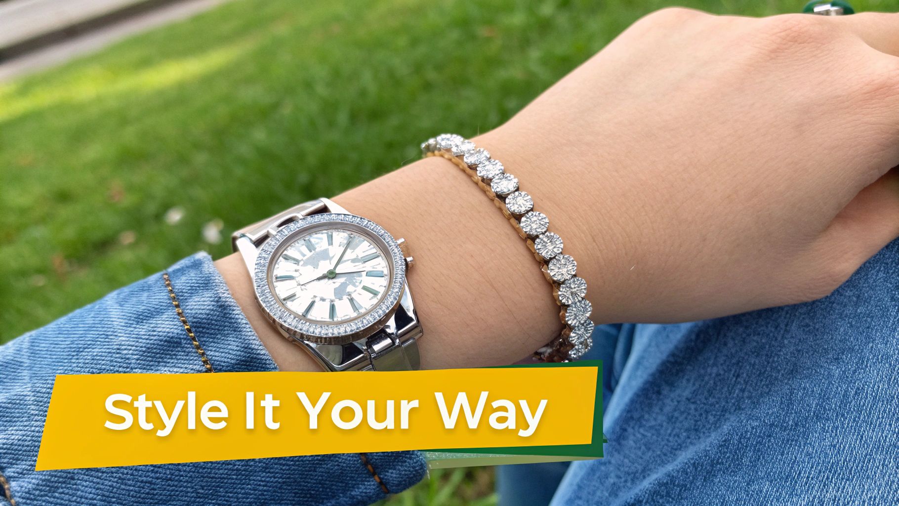 A woman's wrist adorned with a sparkling tennis bracelet, showcasing its elegance.