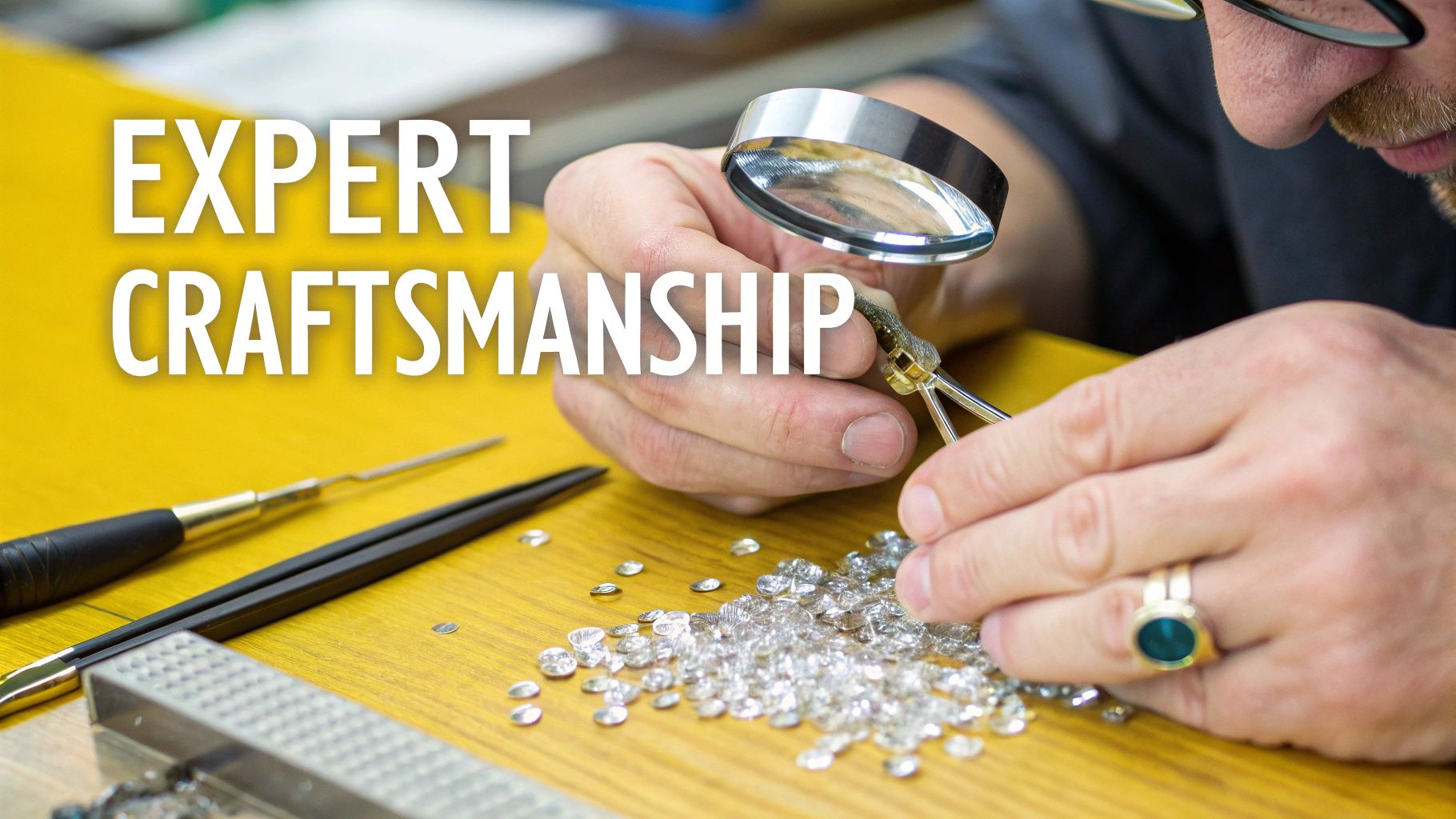 A jeweler carefully sets tiny diamonds into a pavé ring band.