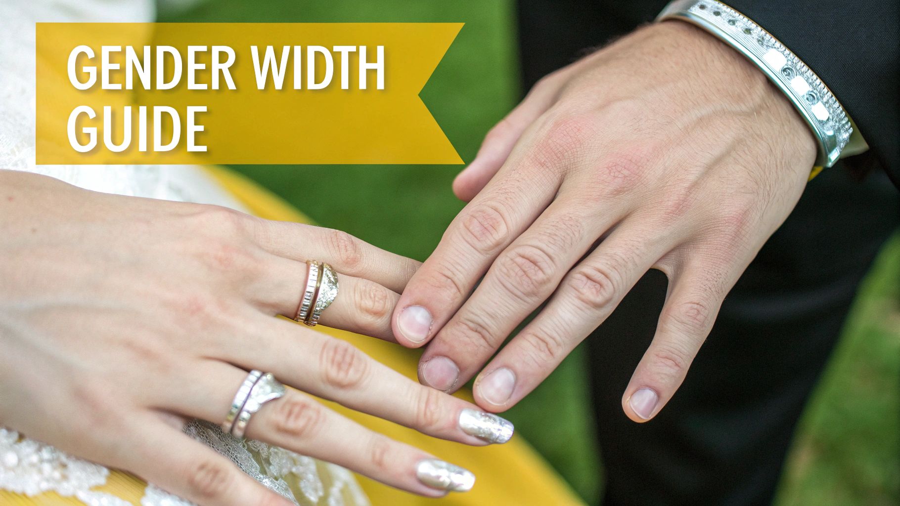Multiple wedding bands of different widths shown on various hands