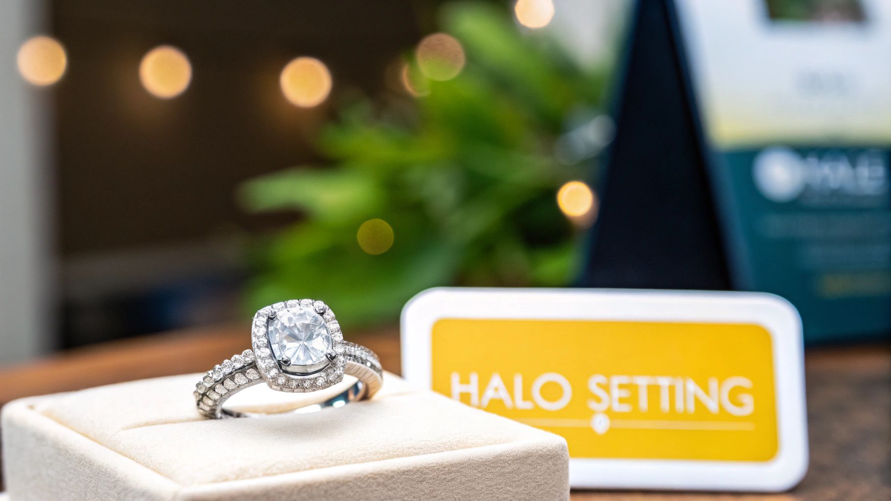 A close-up of a sparkling diamond halo engagement ring