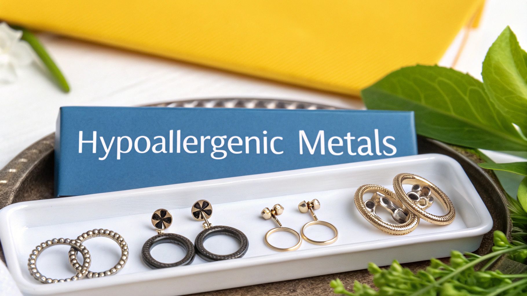 A collection of various hypoallergenic earrings made from titanium, gold, and surgical steel arranged neatly.