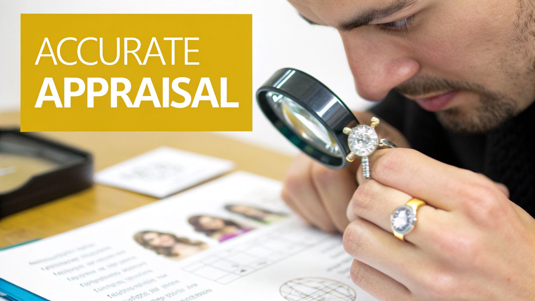 A professional appraiser carefully examining a diamond ring with a loupe.