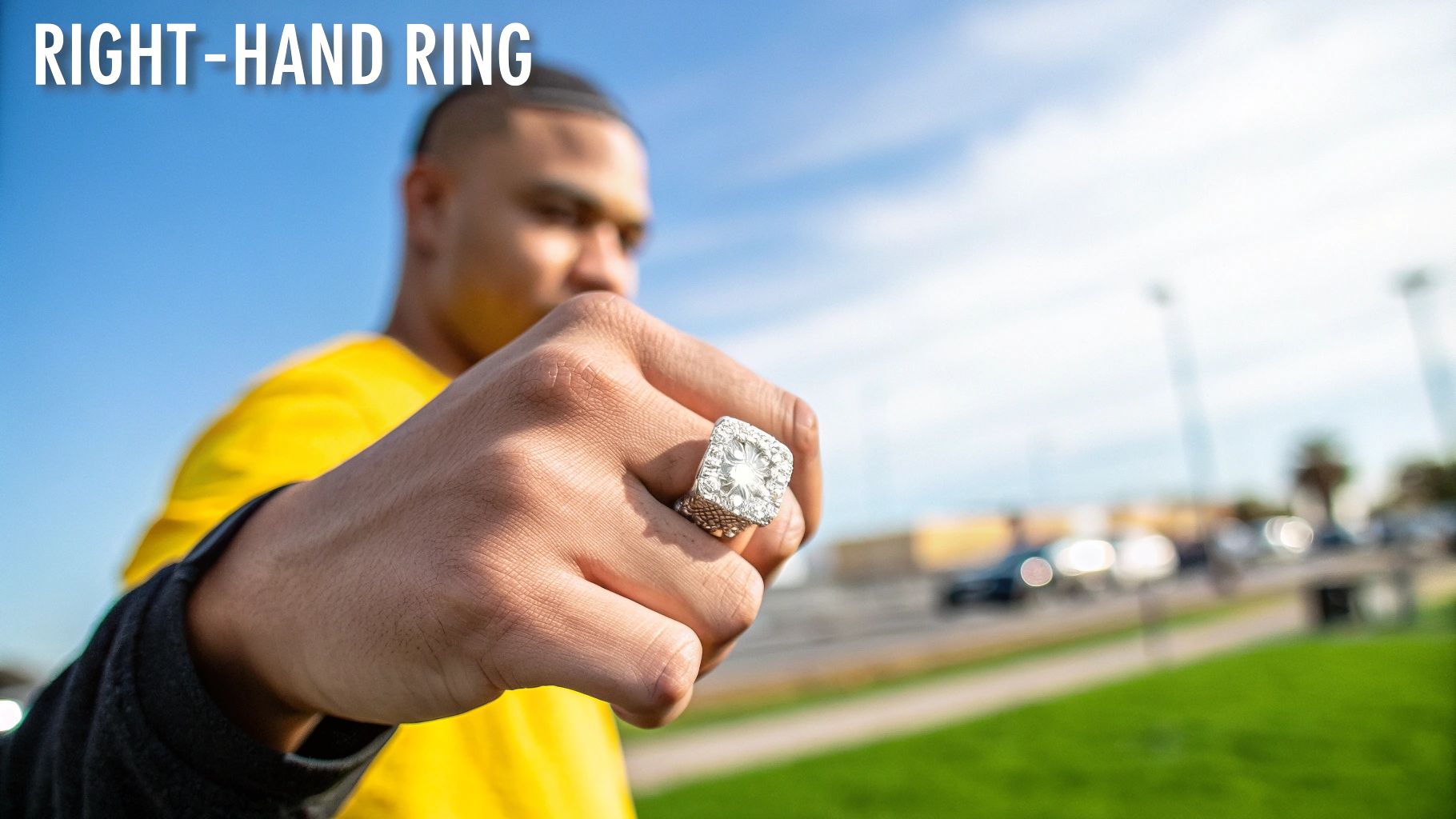 A woman wearing a stylish right-hand diamond statement ring.