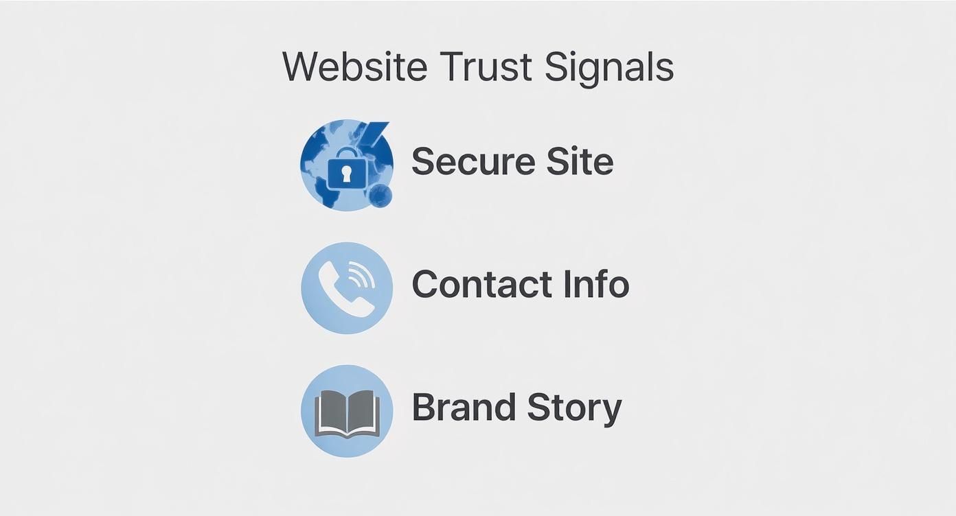 An infographic showing three icons in a vertical stack: a padlock for a secure site, a phone for contact info, and a book for the brand story, representing key website trust signals.