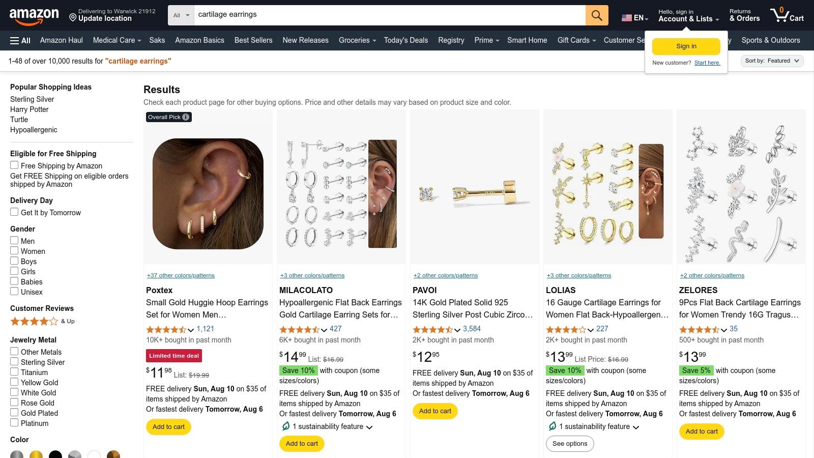 A screenshot of the Amazon website displaying a search results page for cartilage earrings.