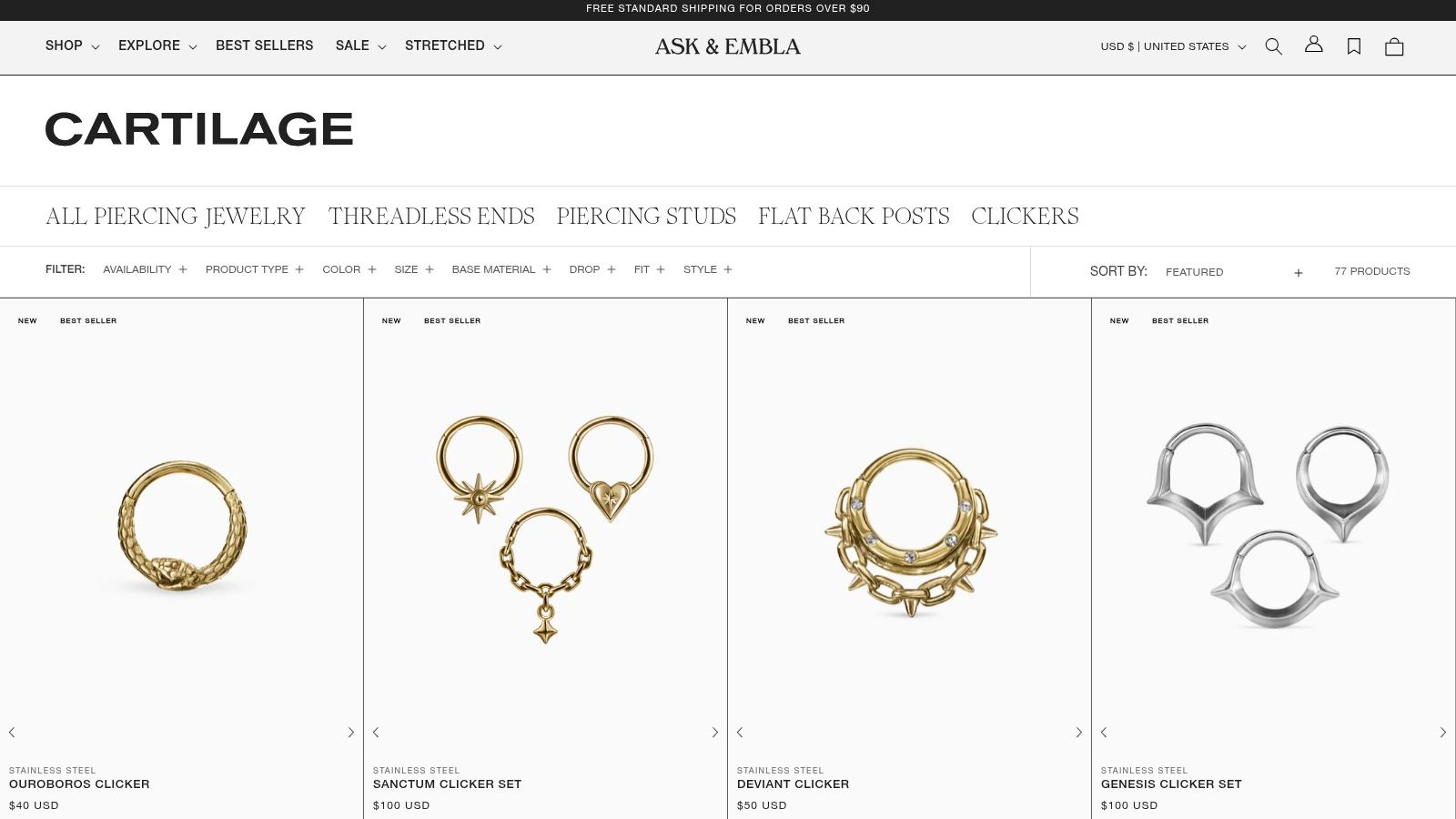A screenshot of the Ask & Embla website showcasing a collection of cartilage earrings.