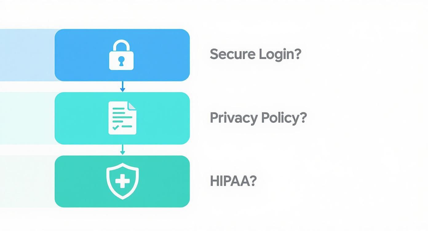 A flow diagram illustrating secure login, privacy policy, and HIPAA compliance steps for an application.
