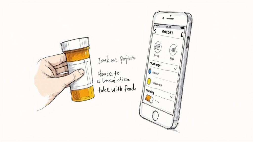 Hand holding prescription bottle next to smartphone displaying medication tracking app interface with dosage schedule
