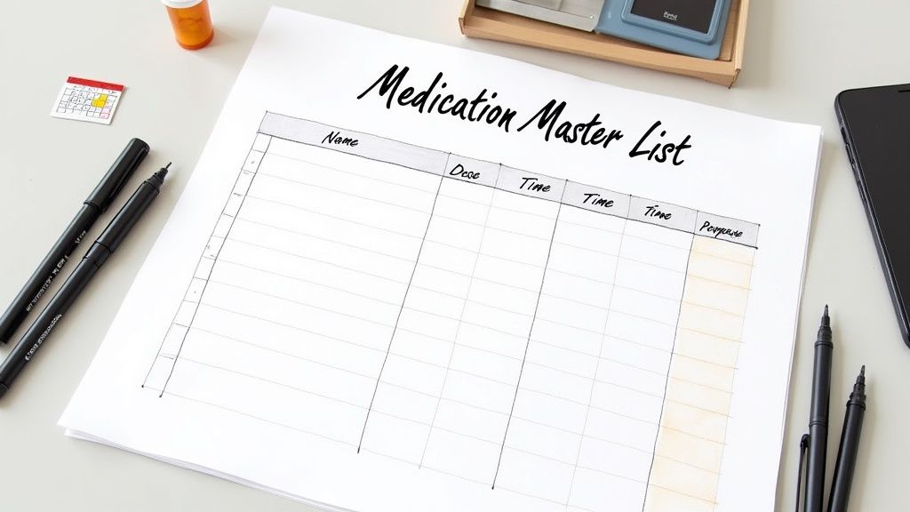 A neatly organized medication list on a clipboard next to various pill bottles and a pen, signifying clarity and control.