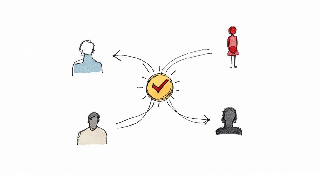 Central checkmark icon connecting to four diverse people representing medication tracking and patient management network