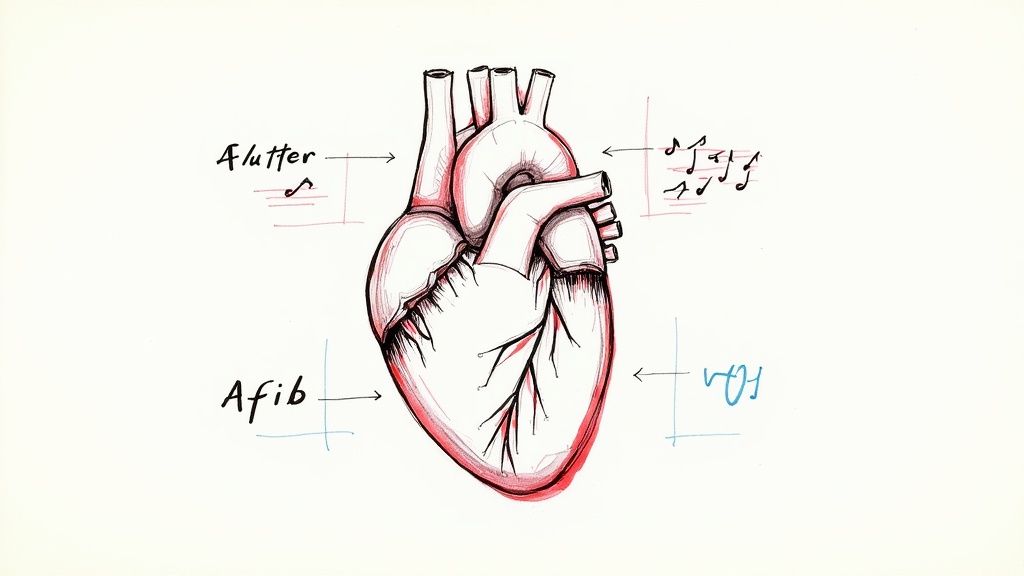 A doctor explains the heart's rhythm to an older patient using a heart model.