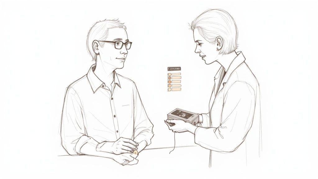 A senior man wearing a button-up shirt, getting ready for an appointment.