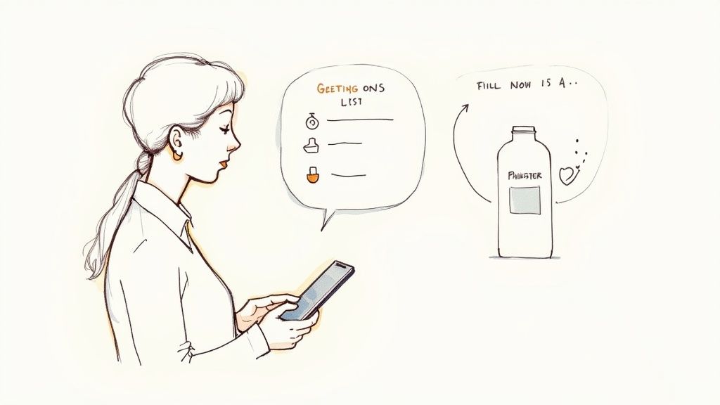 Sketch of a woman using a smartphone displaying an app with a list and bottle refill reminder.