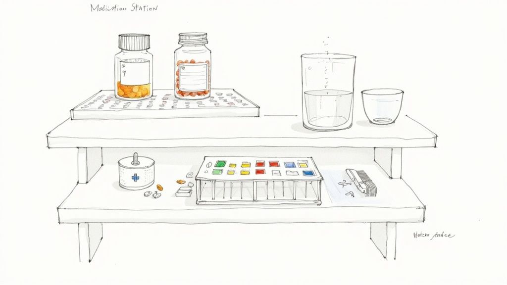 A well-organized pill dispenser with neat rows of medications, symbolizing order and safety in medication management.